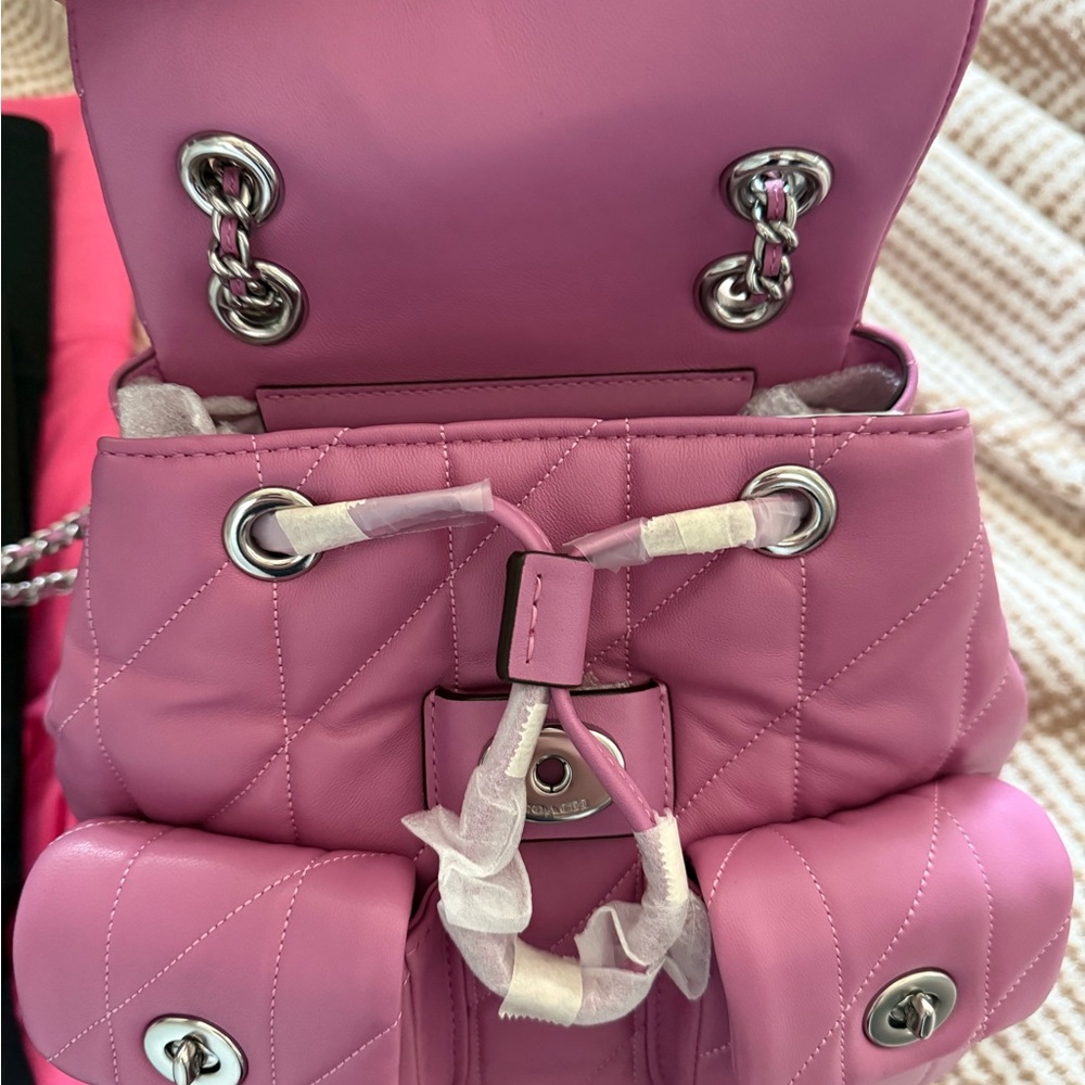 Coach Quilted Pink Leather Backpack with Silver 'C' Hardware - Picture 2 of 4